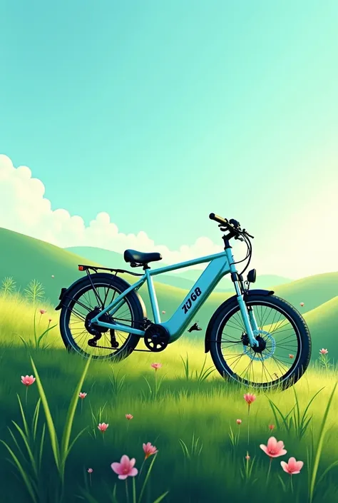 Electric bicycle with a grassy grassland and blue sky background featuring no rider. Imitate frutiger aero artstyle. Make it logo suitable 