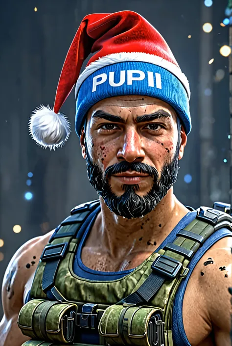  Call of Duty mobile character with a Christmas hat on his head,  greeting and wishing you a merry Christmas .  With the name pupi in the background . Peinado de ninja 

Flashes of blue energy . 
 High resolution,  masterpiece,  Precise,  Anatomically corr...