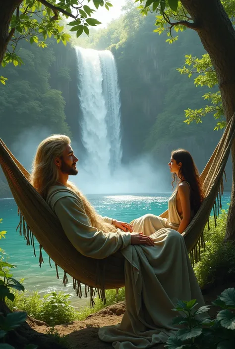 Thranduil with VERY SMOOTH and flowing blond hair lying in a hammock watching a brown-haired woman on a waterfall.