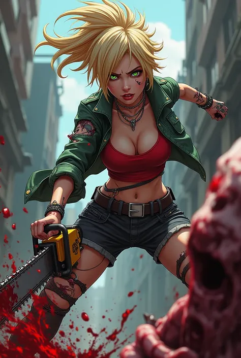 Punk woman anime  chainsaw  waepons kills a sombue blood 