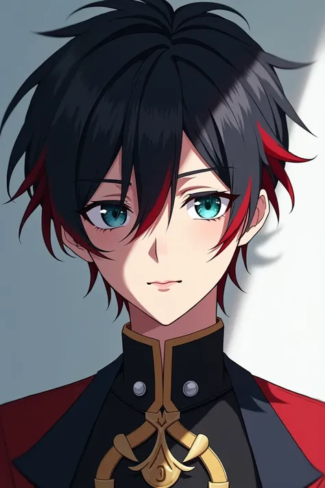 Jeune homme dune vingtaine dannées cheveux noirs aux pointes rouge et les yeux vairons style anime