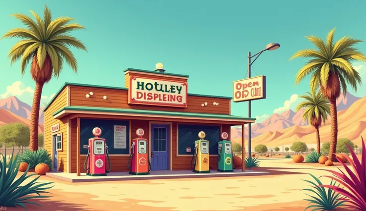 This image depicts a retro-style gas station set in a desert landscape. The gas station features colorful vintage pumps, a wooden building, and some signage indicating that its open 24 hours. Surrounding the station, there are palm trees and mountains in t...