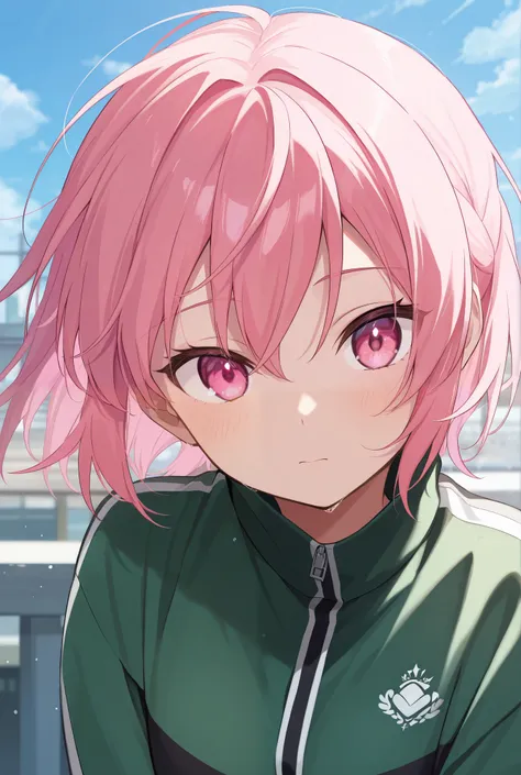 Beautiful Girl with short pink hair, and pink eyes, emu otori