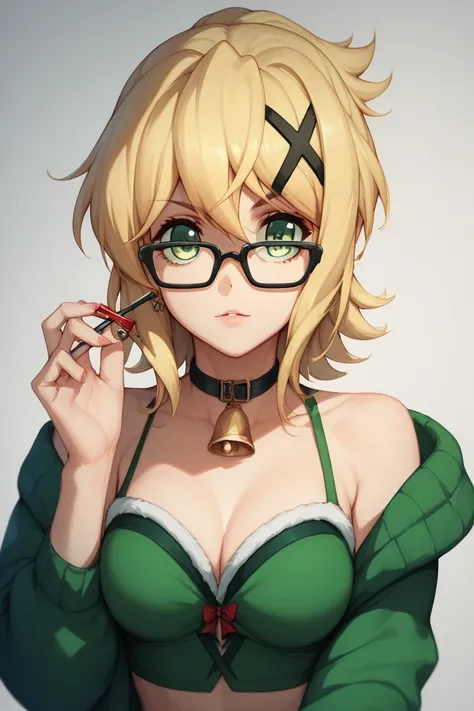  akatsuki kirika
Blonde hair , 1girl, Alone, green eyes, looking at viewer, medium breasts x hair ornament,Santa、Glasses