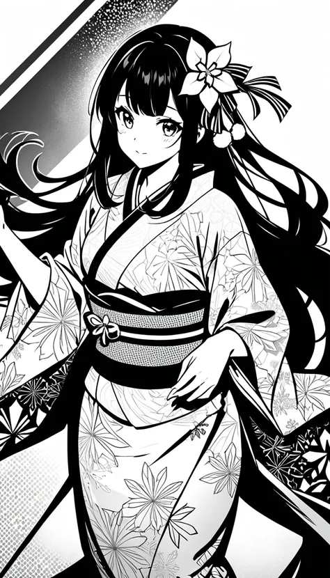 colorful kimono, artistic layout, The dynamic movement of a kimono, Monochrome people and background contrasted with colorful kimonos, Highlight the contrast between color and black and white, A cute Japanese girl in a Christmas cosplay wearing a remodeled...