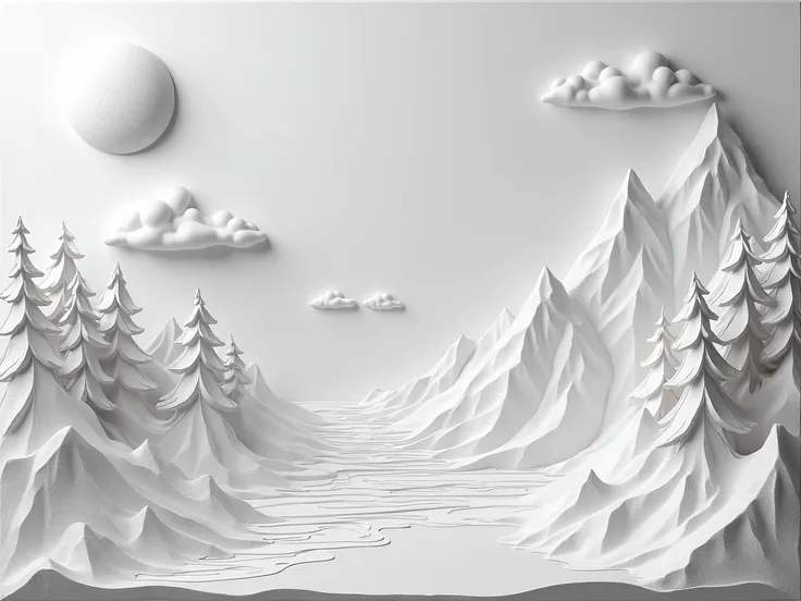 gypsum relief of Forest, big mountains and waves of the sea. The sea occupies the lower part of the picture. The whole picture is white. More details. Moon on the  sky and clouds, coast line and beach, sand. realistic shapes