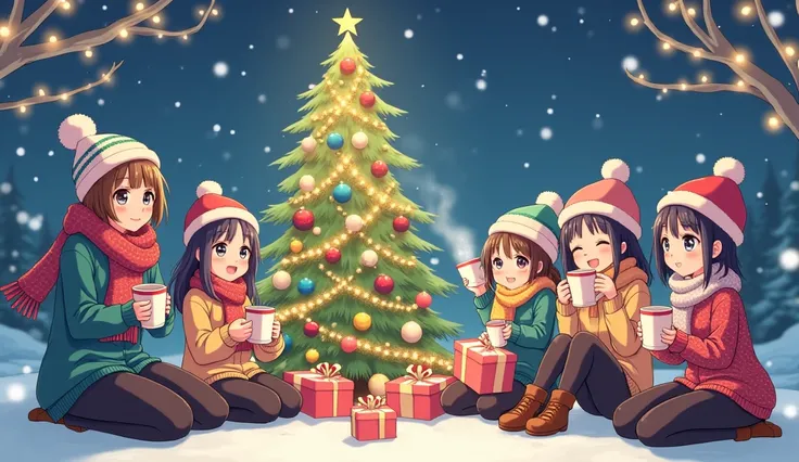 "A festive anime-inspired scene featuring a group of cheerful anime characters gathered around a decorated Christmas tree. The characters are wearing cozy winter outfits, holding presents, and enjoying hot cocoa. The background showcases a snowy landscape ...