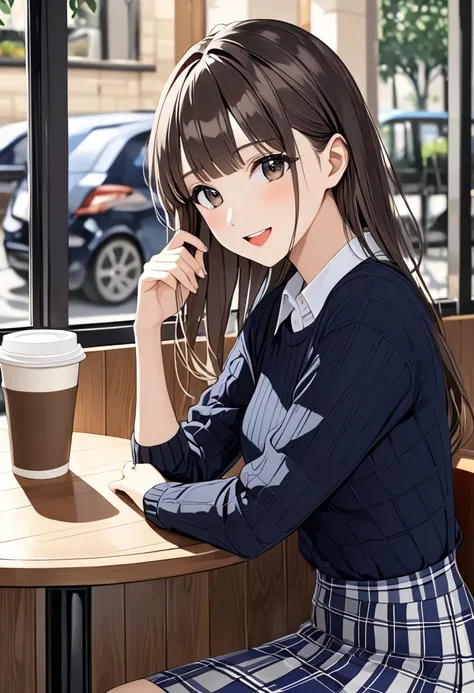  best quality, high image quality,masterpiece, Casual , dark blue (( sweater ))、 white skirt, (navy blue tartan check ), ( long tight skirt ) and sits in a cafe drinking coffee、small breasts, Brown Hair、bangs、smile、blush、 open mouth 、 brown eyes,Adult beau...