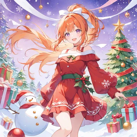 ((pastel、  Watercolor Style  ))、1 female,Full body painting,Christmas-inspired off-the-shoulder knit, volume sleeve ,Moe sleeves,smile , orange hair, ponytail,White ribbon ,diagonal, ((Mauve Eyes )),(( detailed eyes)) ,Laughter,piece, happy,  Moderate Blur...