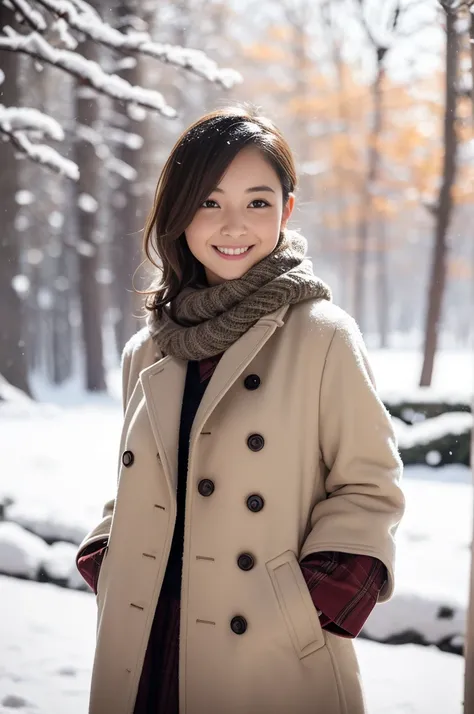 (8k, RAW photo, photorealistic, HQ, masterpiece), a cute Japanese girl,(glowing eyes), 
(laugh ), brown hair, fluffy Pixie Bob hair, large breasts, (Stylish winter outfits, Scarf, coat, long skirt), 
standing pose, Seductive pose, (Snow continuing to fall:...