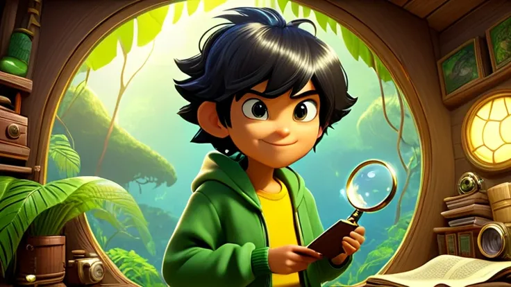 An animated Disney-Pixar style scene featuring four Indonesian ren forming a detective club in a cozy treehouse. The characters are:

Raka, a confident Indonesian boy with short black hair, black eyes, wearing a green hoodie and blue jeans, holding a magni...