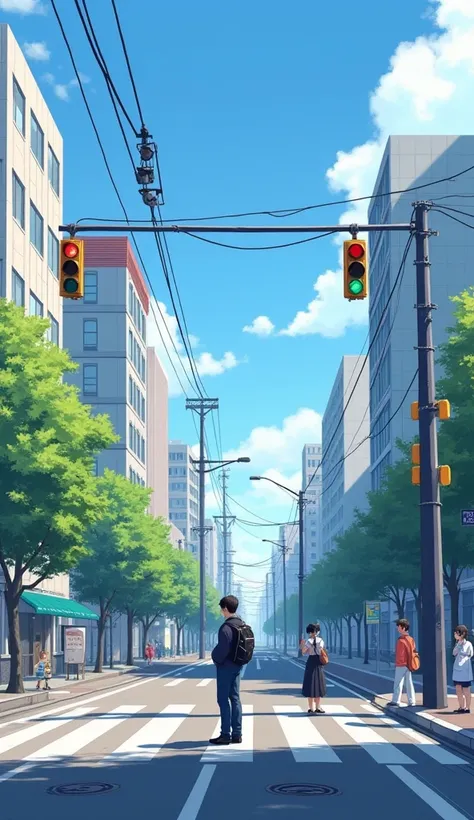  standing in everyday clothes at intersections in Japanese cities 、 people waiting for a red light 々 stands at a pedestrian crossing 。on a sunny day、The blue sky spreads、 where the citys vibrancy and quiet moments are in harmony 。Pedestrians 、 peaceful aft...