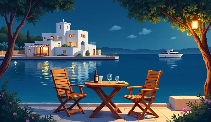 night、 White House on Greek Seaside, Small Passenger Ship ,  wooden table and wooden round chair、 soft-touch illustrations carefully drawn down to the smallest detail from a house