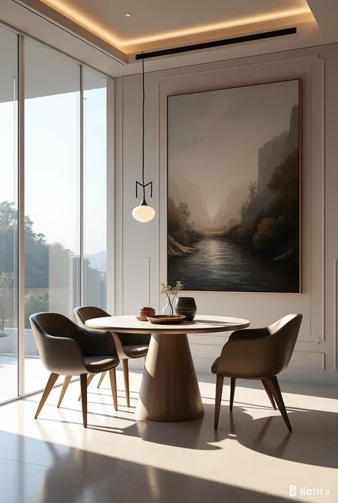 Create an image of a futuristic and minimalist 4-seater dining room with an oil painting in the background