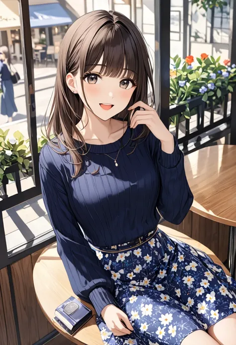  best quality, high image quality,masterpiece, Casual , dark blue (( sweater ))、 blue skirt ,  Floral Skirt , Wear a long skirt and sit in a cafe and drink coffee、small breasts, Brown Hair、bangs、smile、blush、 open mouth 、 brown eyes,Adult beautiful woman , ...