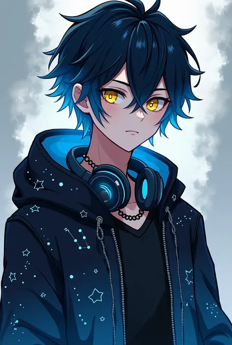 anime guy with yellow eyes ,  black azure hair and black and azure star jacket in the form of a constellation with a black hood and headphones around his neck