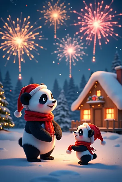 Panda family celebrating Christmas with fireworks,  animated image 