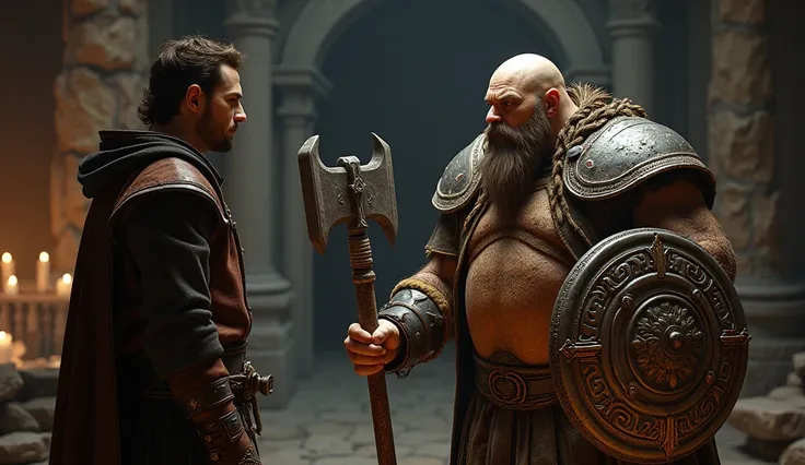 A scene of the meeting between the human Eran and the Dwarf Dorin Stoneshield. He had fair skin, brown hair and was about 1.80 m tall. Merchants clothes. The dwarf, Dorin Stoneshield, had thick, tanned skin, like living stone. His thick beard reached down ...