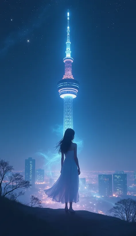   woman 、Background Skytree  、  starry sky  