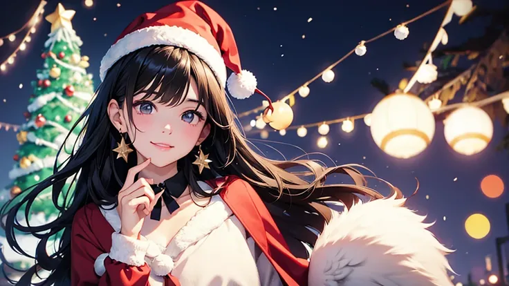  Dark Hair 、  Collar on Neck  、  Dark Hair短 、 [girl、 sunglasses 、 一個耳朵上有星星穿孔的girl 、 Christmas Decorate Christmas Tree  、  Wearing a Glowing Christmas Hat  、 Christmasツリーが見える、 rainbowの帽子で 、 Decorate Christmas Tree  、 Christmas、 、 Smile、 Moon Earrings  、 我ts...