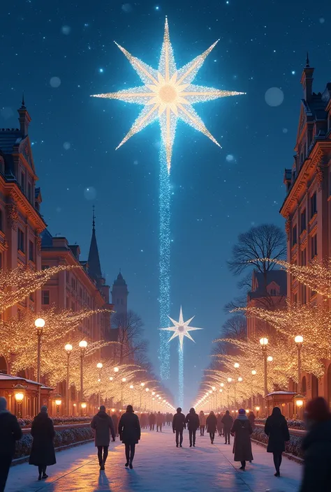 The whole city is celebrating the arrival of Christmas there are many lights in the city a beautiful giant star shines in the sky because it is Christmas night