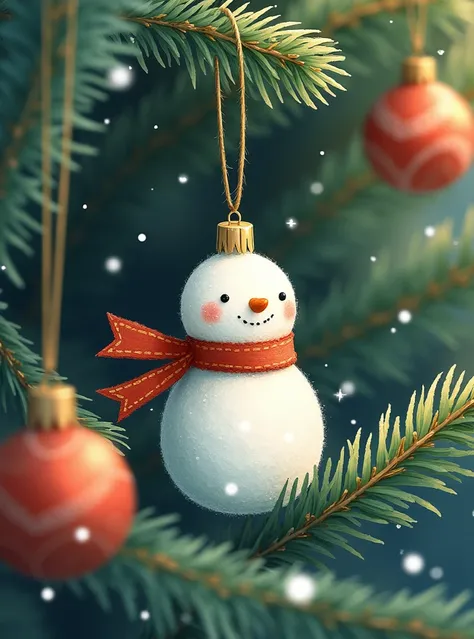 1d illustration, no shadow, hand drawing, a bit close up of a tiny snowman ornament rom afar on a christmas tree, 🎀, 🌲🌌, 🚿🗝📝, album art cover, album cover!, album artwork, album art