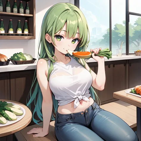 long green hair ,  green eyes, White sleeveless shirt, shorts jeans,  knee-high socks, black eyelashes, Sitting on a chair in the square, Eating mashed potatoes and broccoli .
