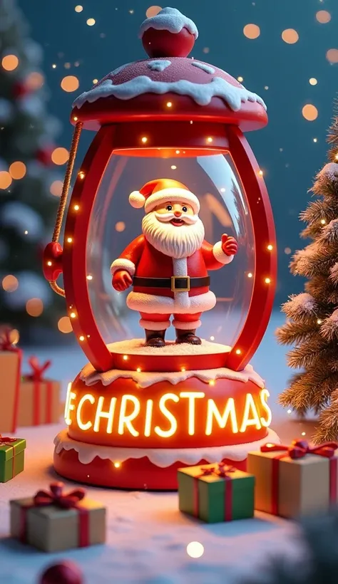 A mesmerizing 3D rendered Christmas scene that captivates the essence of the holiday season. A large, vibrant red snow lantern encases a jolly Santa Claus figure, dressed in his iconic attire, smiling as if hes about to deliver presents. The lantern base i...