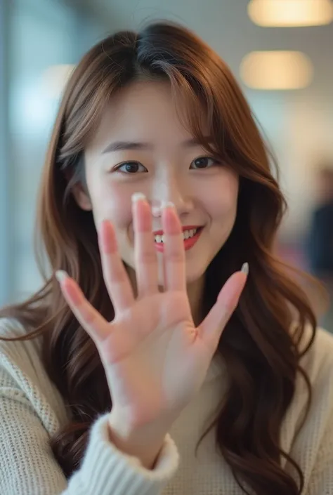 a close up of a person Waving and smiling with a hand up, Bae Suzy, Lively, Jae Yeon Nam, Smiling innocently ,  happy smiles , Kim Do Young, Waving, (Blinking), Shikami,  Reeves from the band twice , Fair skin, 8k)), ND 4 , ND 4 , Waving and smiling,  smil...