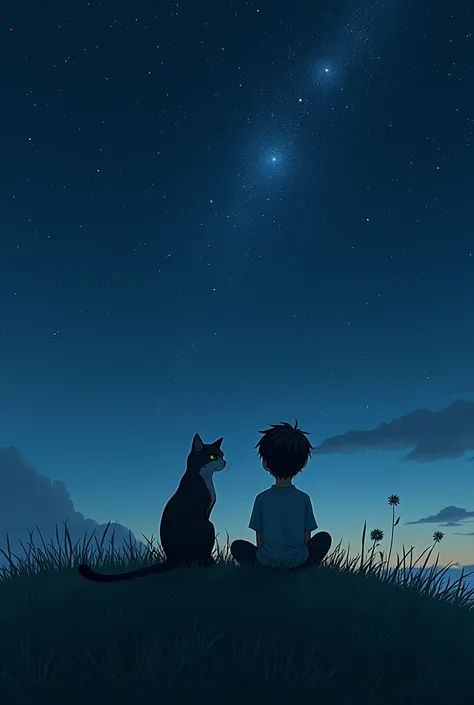 A boy and his cat sitting on top of a hill in the night sky