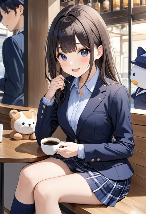  best quality, high image quality,masterpiece, navy blue blazer lined with plush toys,Wear a navy blue plaid pleated miniskirt, navy blue ankle socks,  sitting in a cafe drinking coffee、small breasts, Brown Hair、bangs、smile、blush、 open mouth 、 brown eyes,A...