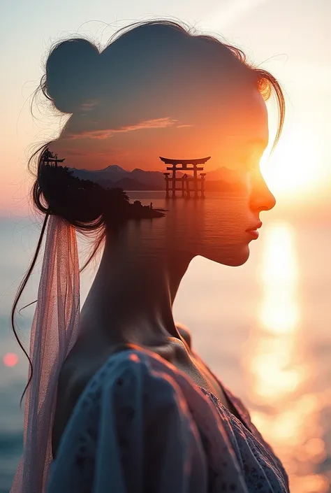 high quality, 8K Ultra HD, A beautiful double exposure that combines an goddess silhouette with sunset coast, sunset coast should serve as the underlying backdrop, with its details incorporated into the goddess , crisp lines, The background is monochrome, ...