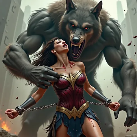 Gal Gadot is Wonder woman, fighting with the Steppenwolf, a very beautiful Korean face, very bright white skin, brown hair, leather fabric short skirt, dirty body, her arms are bounded by chain behind her back, she is defeated, the Steppenwolf severely ass...