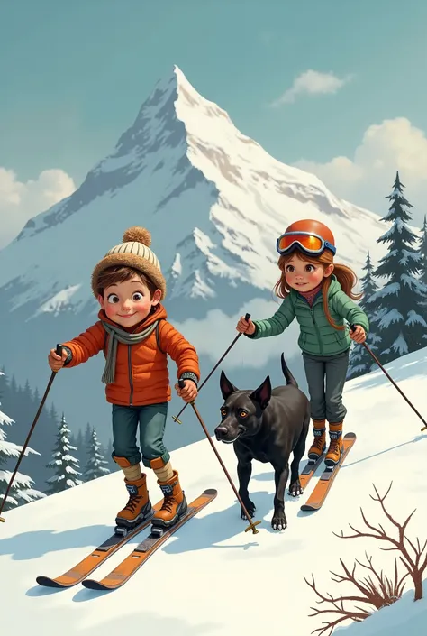  I want to create a picture of two people  ( boy and girl)  who are skiing on a mountain and have a slightly old black podenco dog, The boy is farting 