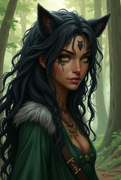 A character for D&D 
Class: druid - signature animal is black puma put puma in the background with trees in forrest. 
Hair: black  with plats and dreads
Face: catshaped bright green eyes, a scar that goes 9ver the eye from eyebrow to the cheek. 
Body: woma...