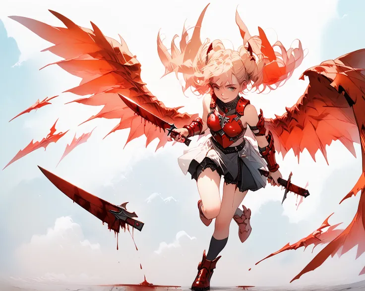 young woman, medium breast, red wings, blood on wings, blood dripping of wings, knife in right hand, blood on knife, blood dripping of knife, sexy armor, red armor with black carving, full body 