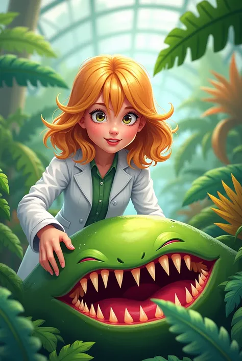 Create an image of a female scientist with medium light gold red hair fringed ,  wearing a lab coat in a botanic garden greenhouse feeding a giant carnivorous plant in cartoon style