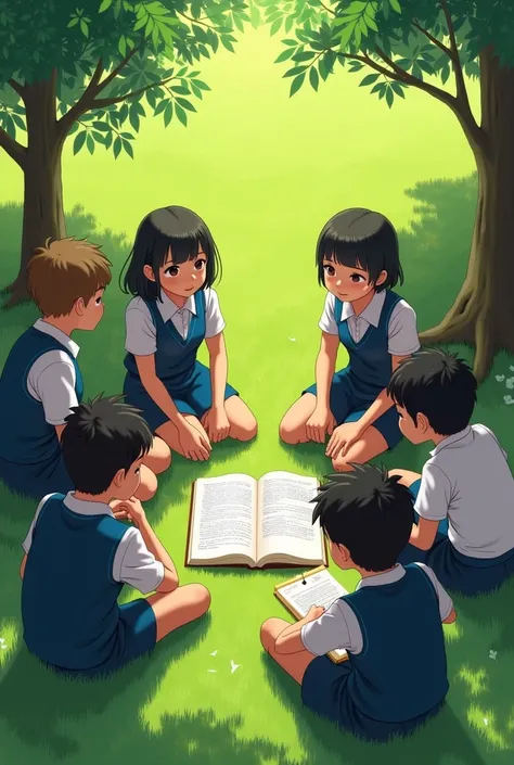 Bs ENGLISH book on a green grass and students are sitting on around it 