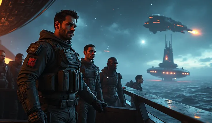 "Human soldier leading a diverse crew of brave warriors in a futuristic warship, strategizing against a retreating alien fleet in the vastness of space. The scene is intense with dramatic lighting highlighting their determination, the starry cosmos stretch...