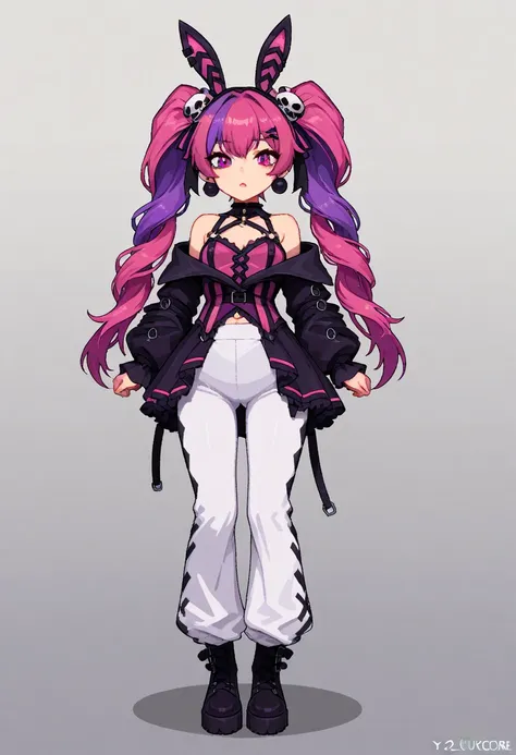 a girl with a bunny ears and a pink top and white pants, pixel art inspired by Shukei Sesson, pixiv contest winner, pixel art, y 2 k cutecore clowncore, glitchpunk girl, jinx from league of legends, goth clown girl, dressed in crustpunk clothing, full body...