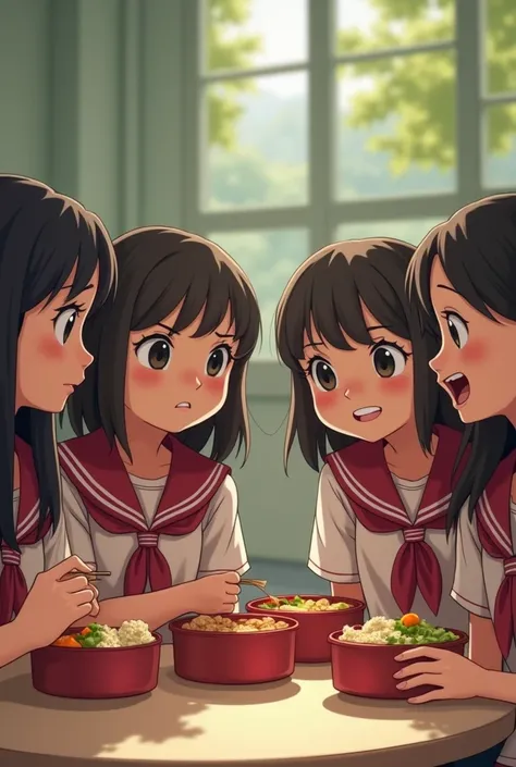 generate an image 
its school lunch breakfour friends(girl) dong lunch together with Tiffin box in their hand .One of  the four girls  should be angry and the other three of the four girls should be laughing