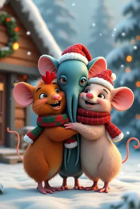 Create me an image of a mouse , a hen, a squid and a pig dressed for Christmas and hugging each other 