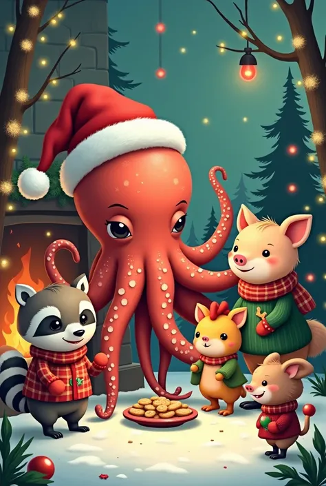 Create me an image of a Christmas octopus , a raccoon,  a chicken and a pig