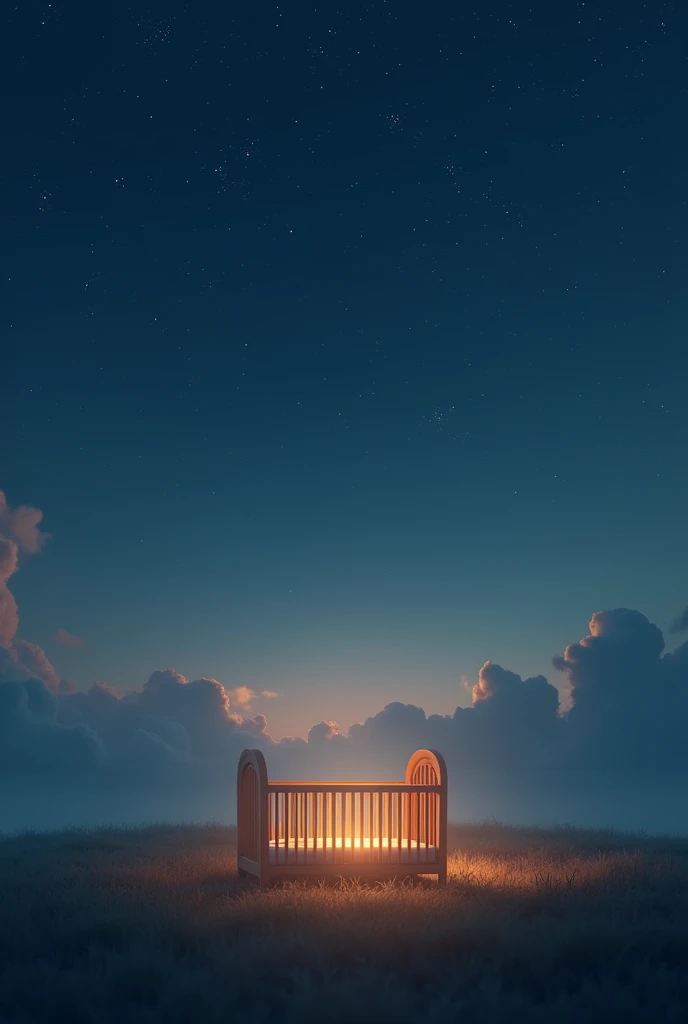 Illuminated crib under a starry sky with warm tones.