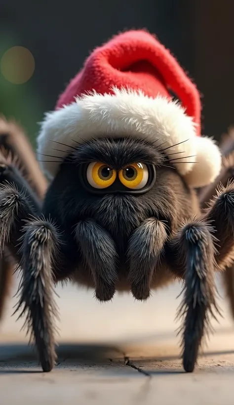  Create realistic furry spider animation with several realistic yellow eyes, with a Christmas cap on his head .  super realistic ,  ultra quality,  maximum quality, 8k, 4K 