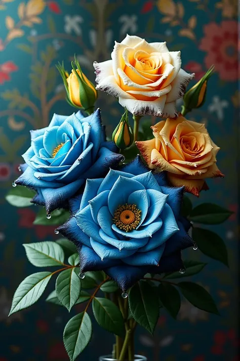 Key elements: Two-color roses.

    Middle: Blue, white, yellow flowers with black edges, almost creating a sharp contrast.

    Bottom: Green leaves, wallpaper highlighting the vibrant colors of roses.    And there are many drops of dew on the flowers.