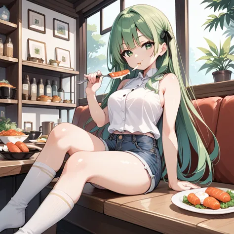 long green hair ,  green eyes, White sleeveless shirt, shorts jeans,  knee-high socks, black eyelashes,  sitting on a chair ,with a plate ,  eating fish with rice with a fork and knife.
