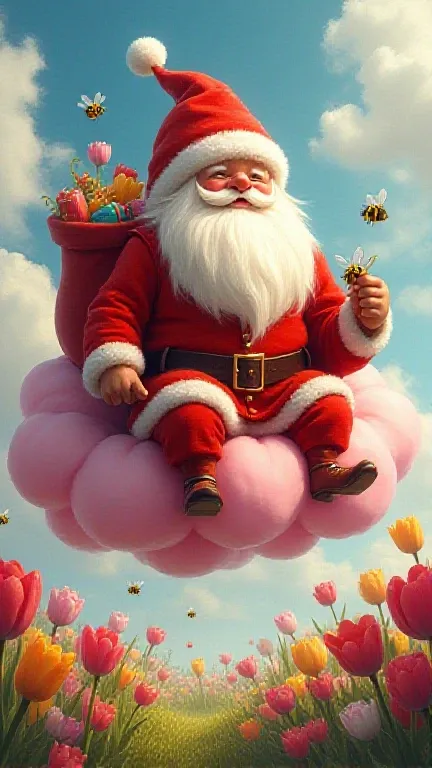 A giant tulip, with red and yellow petals, dressed as Santa Claus. She wears a red velvet hat with a white pompom fuzzy, a velvet jacket with gold buttons and a leather belt. The beard and mustaches are made of smaller, white petals, giving it a cute and f...