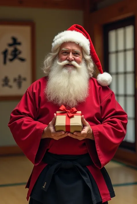  take an ultra-realistic photo of a Santa Claus dressed in aikidoka with hakama in a dojo giving his energy as a gift "To"  and the poster of the dojo or gym that says  " Club Aikido Lleida "  in the background put the photo on the  "Kamiza "  by Morehei U...