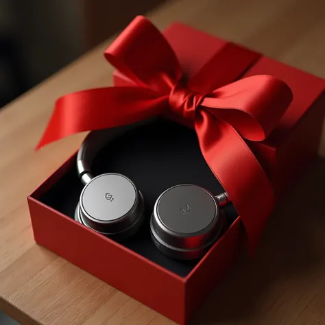  Create iPhone-style wireless headphones.  A large red ribbon that decorates the gift box . Wooden table background ,  good quality , professional.quality,  HIGH QUALITY, 